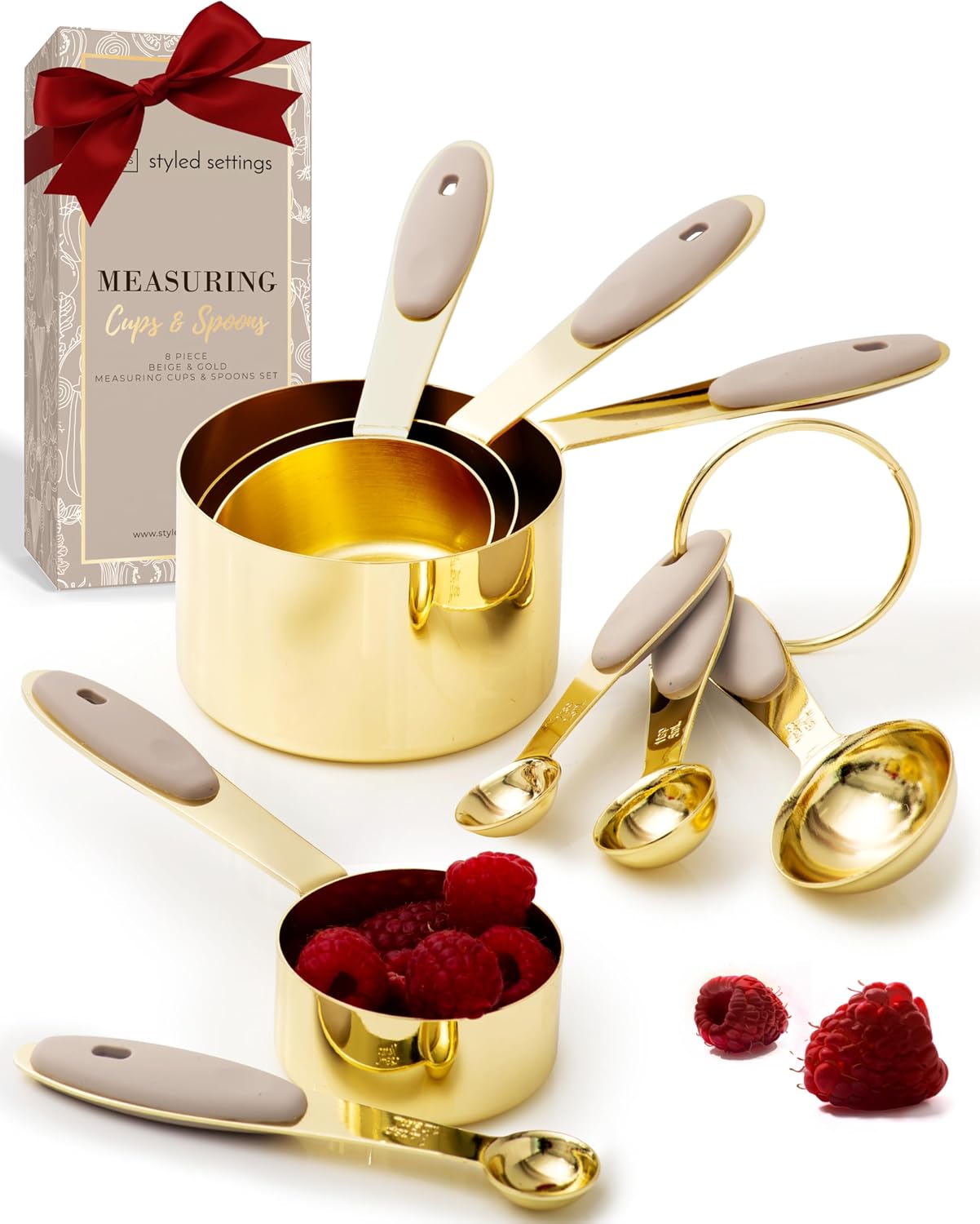 Set 8 Pzas Tazas y Cucharas Medidoras Doradas Silicona