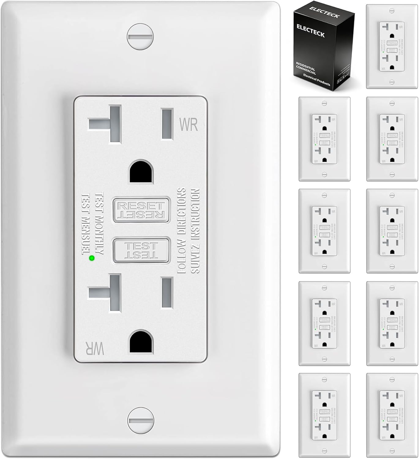 10 Tomas GFCI 20A Resistentes Exteriores con Led y Placa