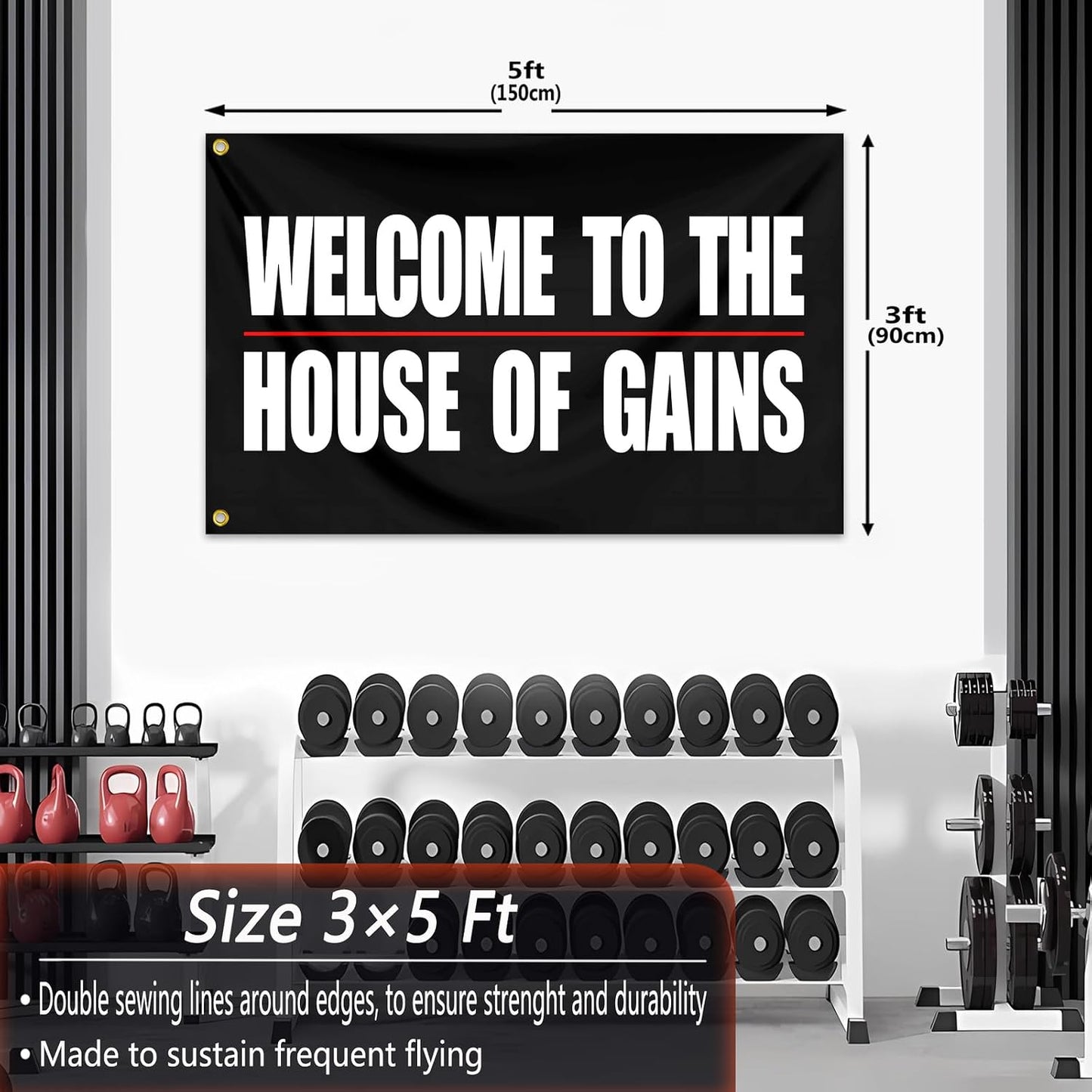 Bandera gimnasio 3x5ft texto Welcome to The House of Gains