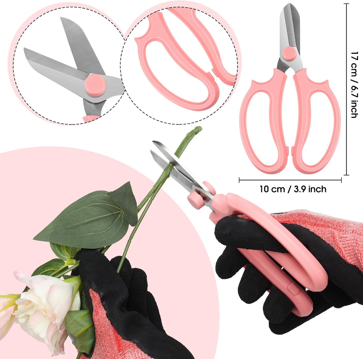 Kit jardinería mujer tijeras espinas guantes cinta rosa