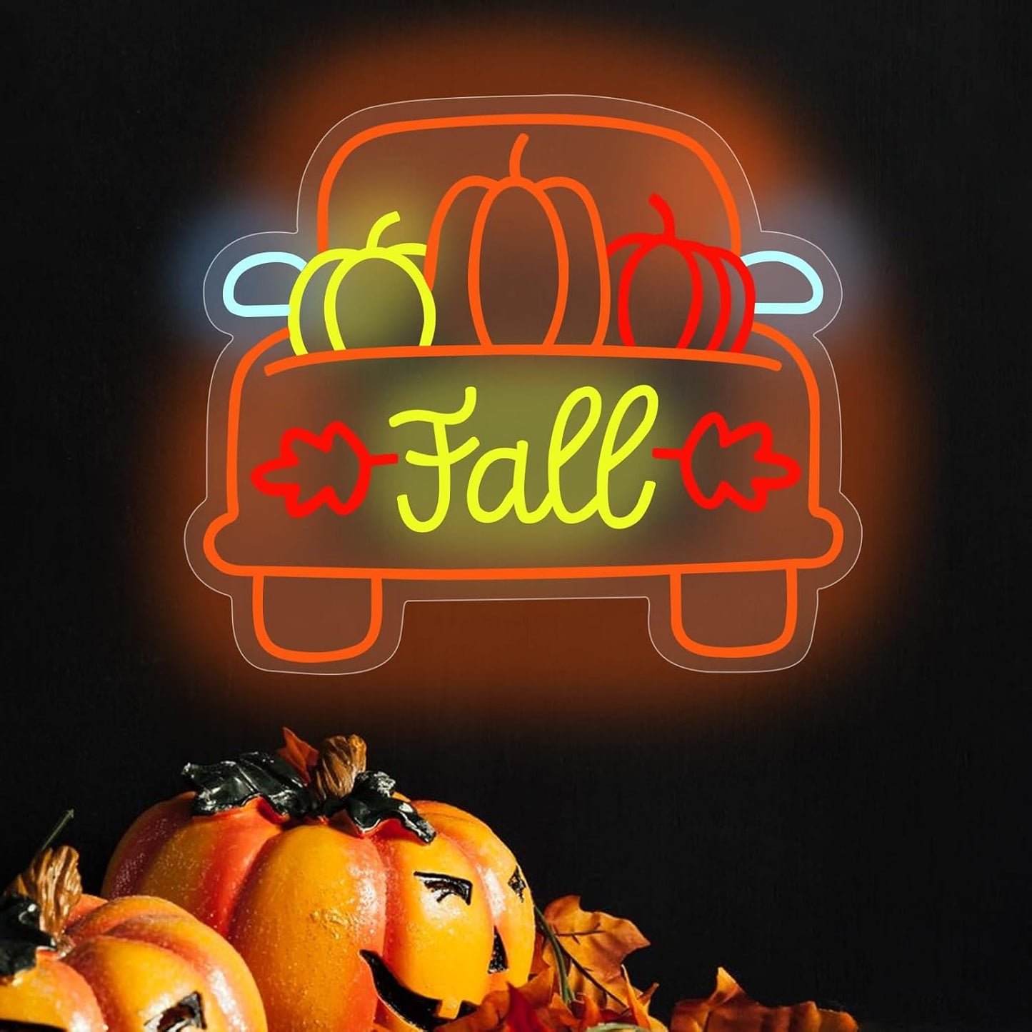 Letrero neón led camión calabaza otoño acción de gracias