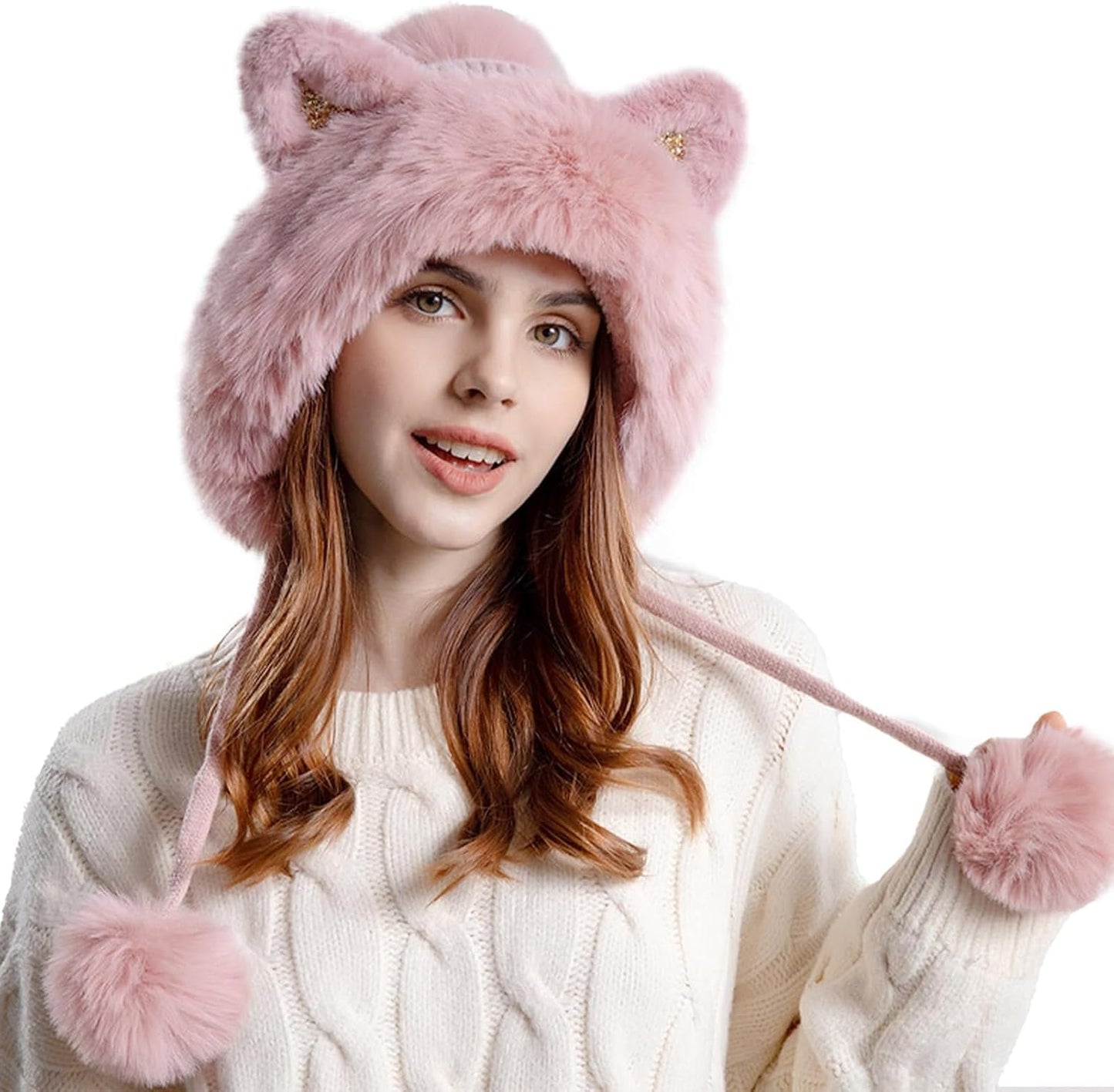 Gorro mullido con orejas de gato para mujer invierno