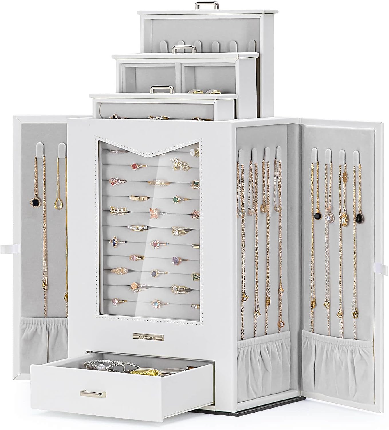 Organiz. joyas con ventanas ganchos collares anillos aretes
