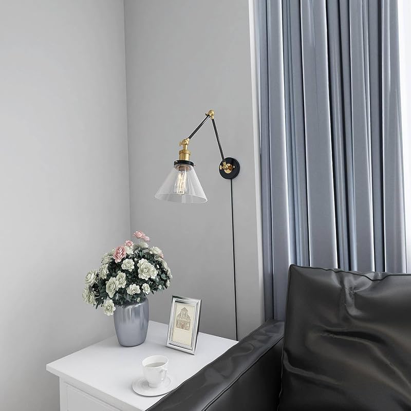 Lámpara pared vidrio negro dorado industrial brazo