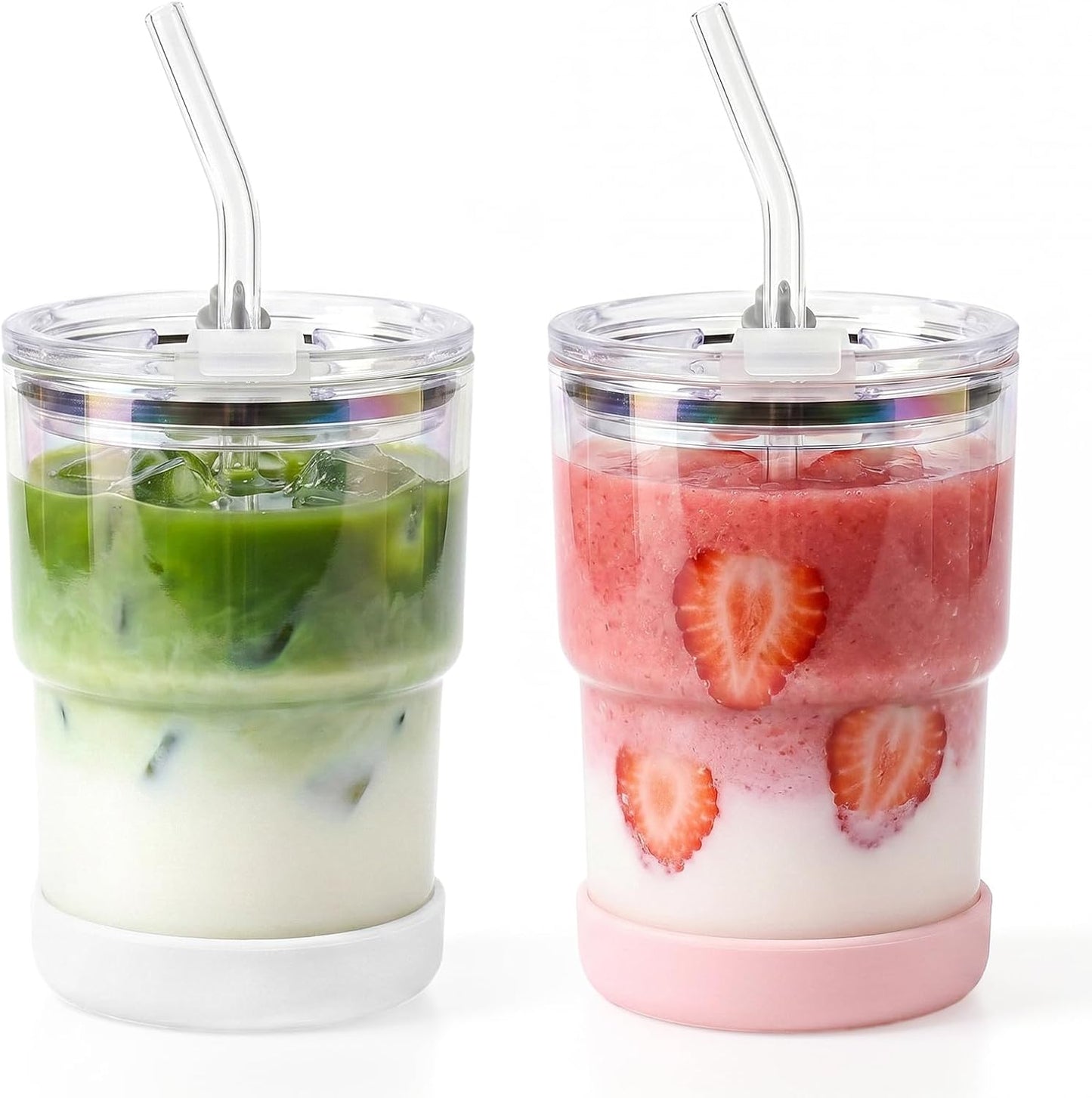 Vaso vidrio 13oz con popote tapa 2 pzas sellado silicona