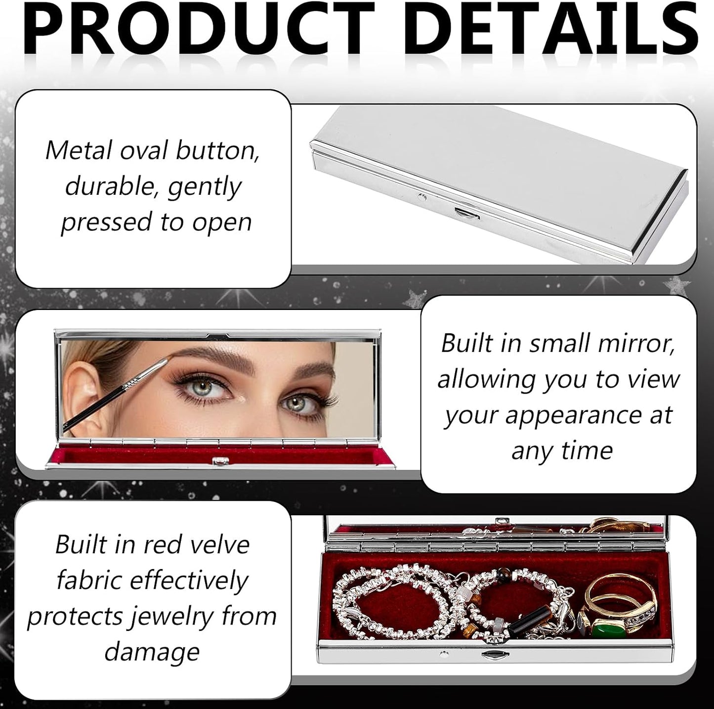 Joyero metal rectangular terciopelo rojo espejo plateado