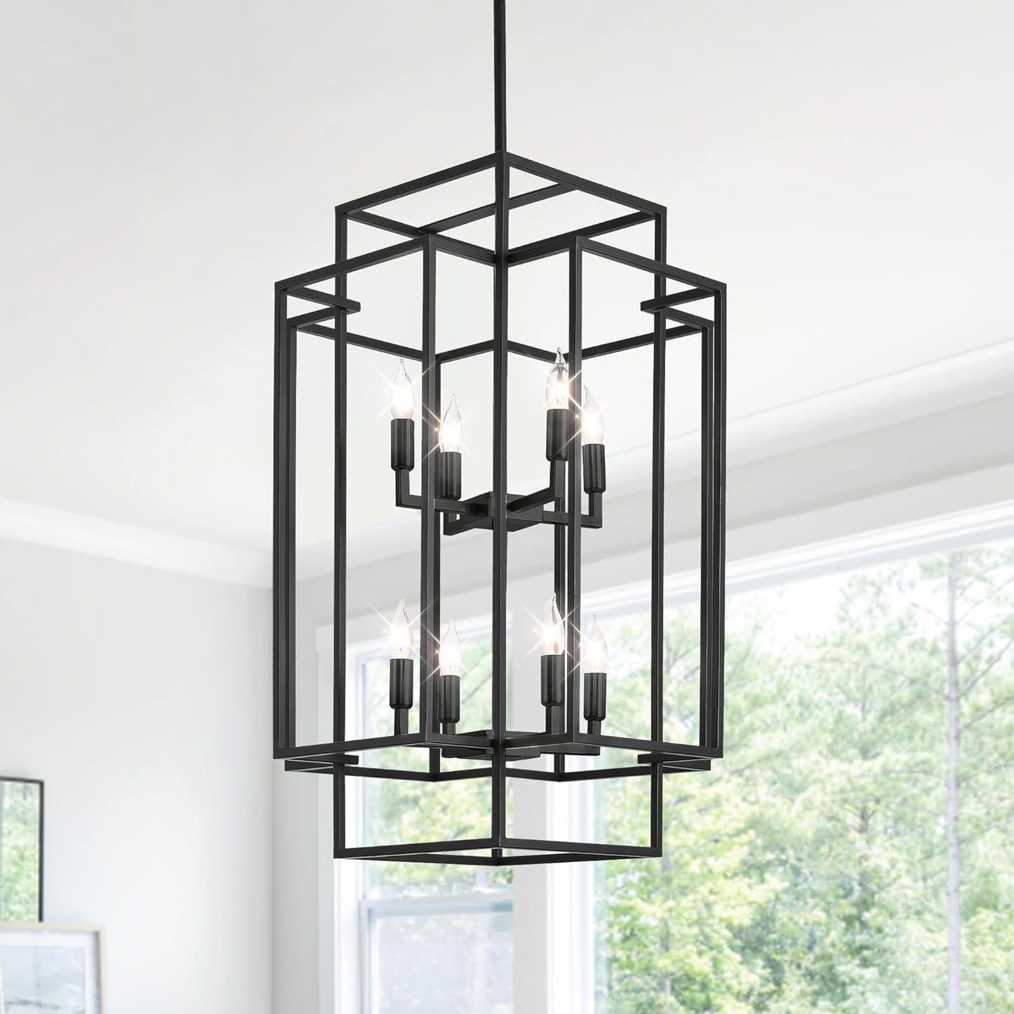 Candelabro negro 8 luces para techos altos vestíbulo