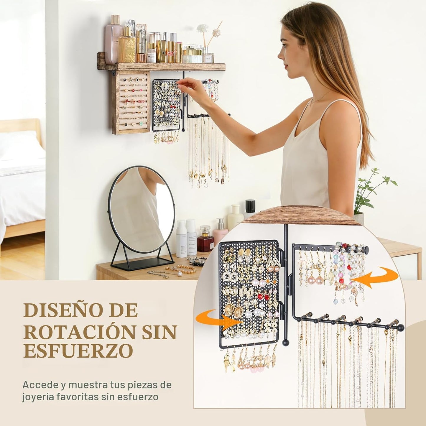 Organiz. joyas colgante madera rústica con estante