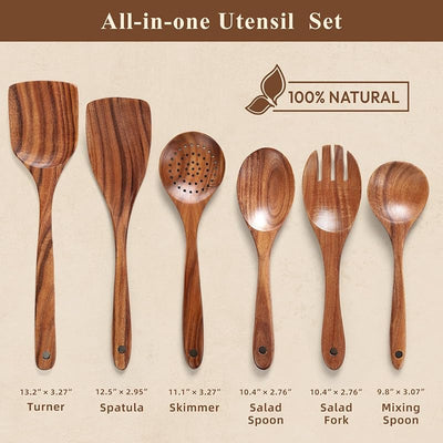 Set 6 cucharas madera teca para sartenes antiadherentes