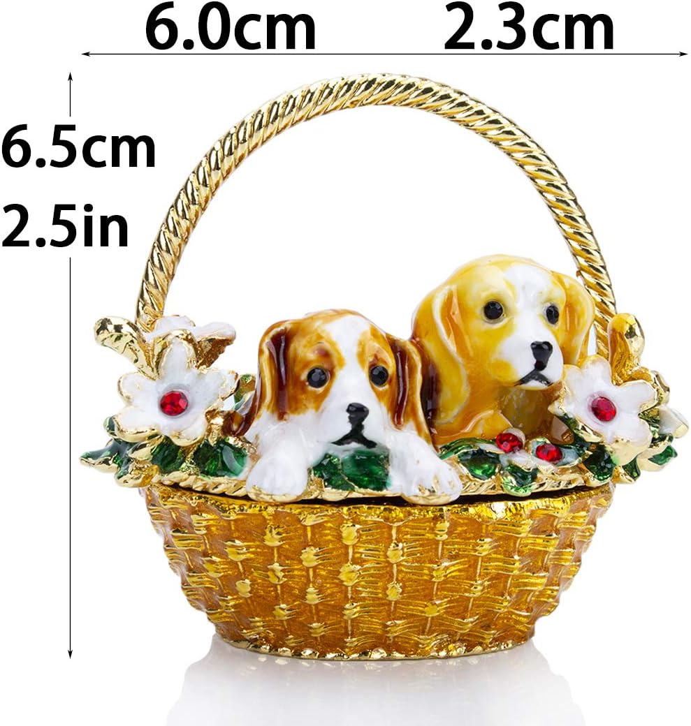 Caja baratijas con perrito en cesta de flores cristal