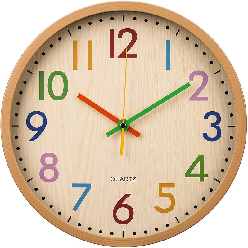 Reloj pared niños redondo sin tictac 12pulg grano bambú