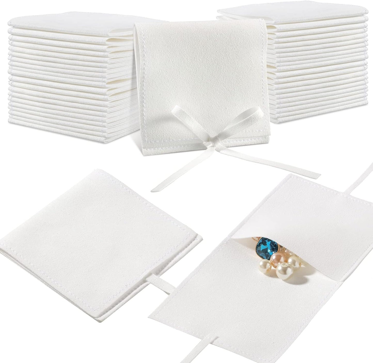 40 Bolsas Microfibra Joyería 8x8cm con Moño Blanco