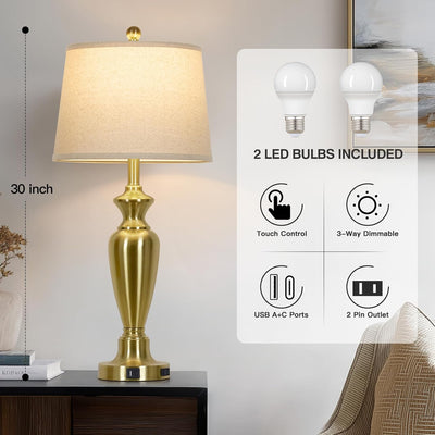 2 Pzas Lámpara Mesa Dorada 30pulg Control Táctil USB