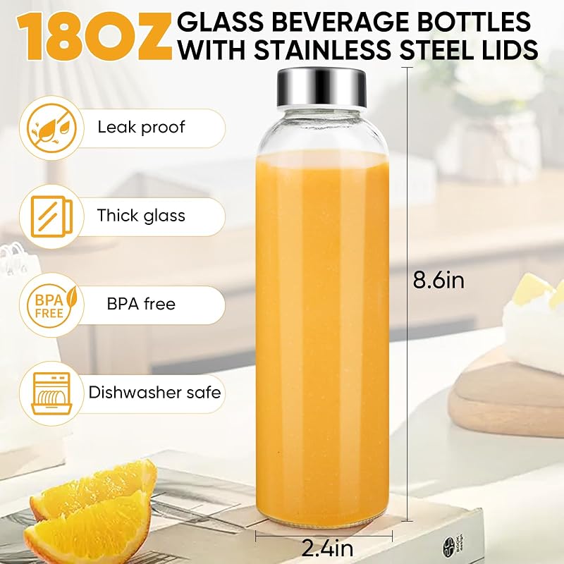 6 Pzas Botellas Vidrio Jugo 18oz Tapas Herméticas Acero Inox