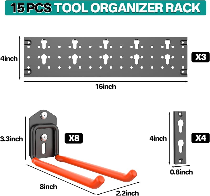 Organiz. herramientas pared 48pulg 8 ganchos 330lb