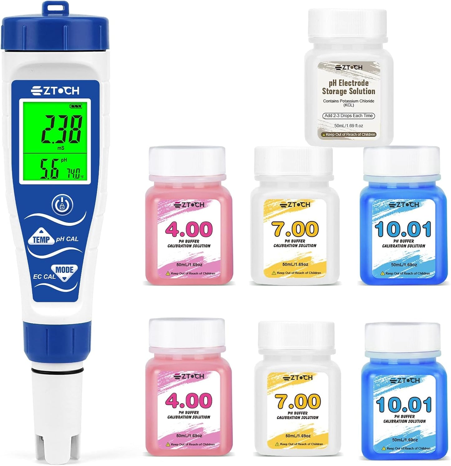 Medidor pH Cloro Salinidad EC TDS ORP 7en1 con soluciones