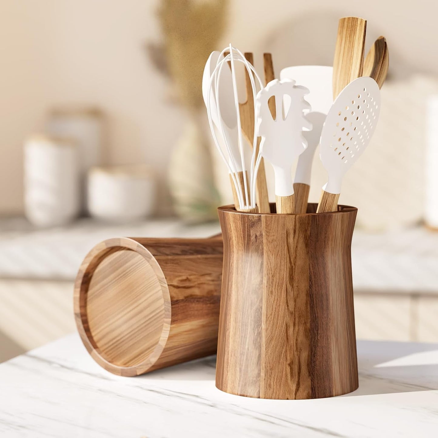 Soporte utensilios cocina 7.2pulg redondo madera negro mate