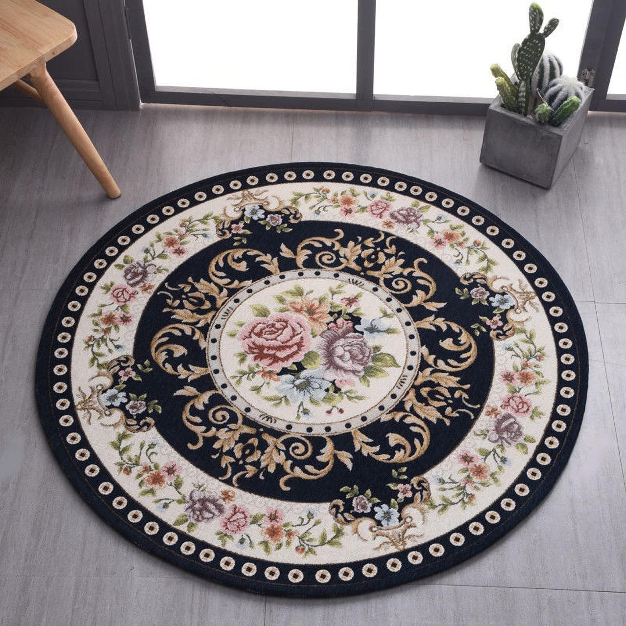 Alfombra redonda floral antiderrap lavable azul oscuro