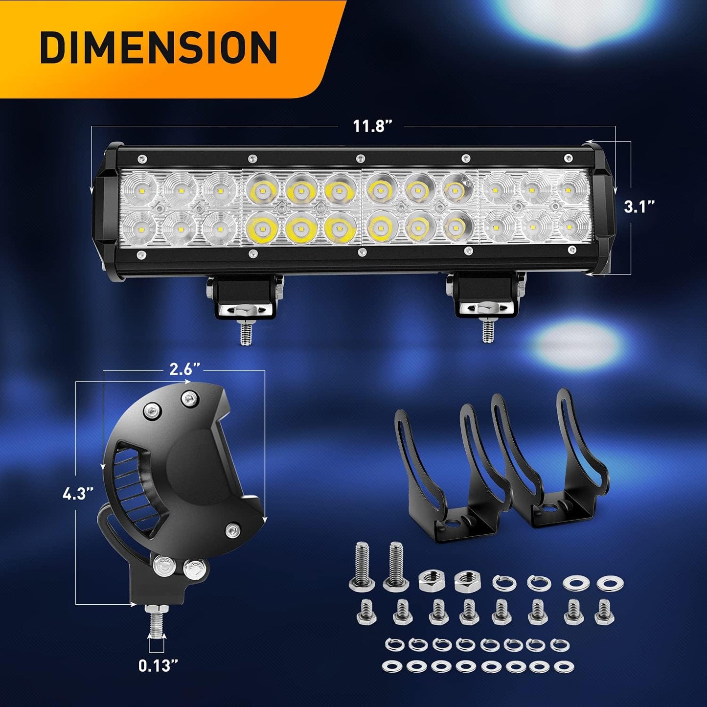 Barra luz LED 12pulg 72W haz combinado soporte horizontal