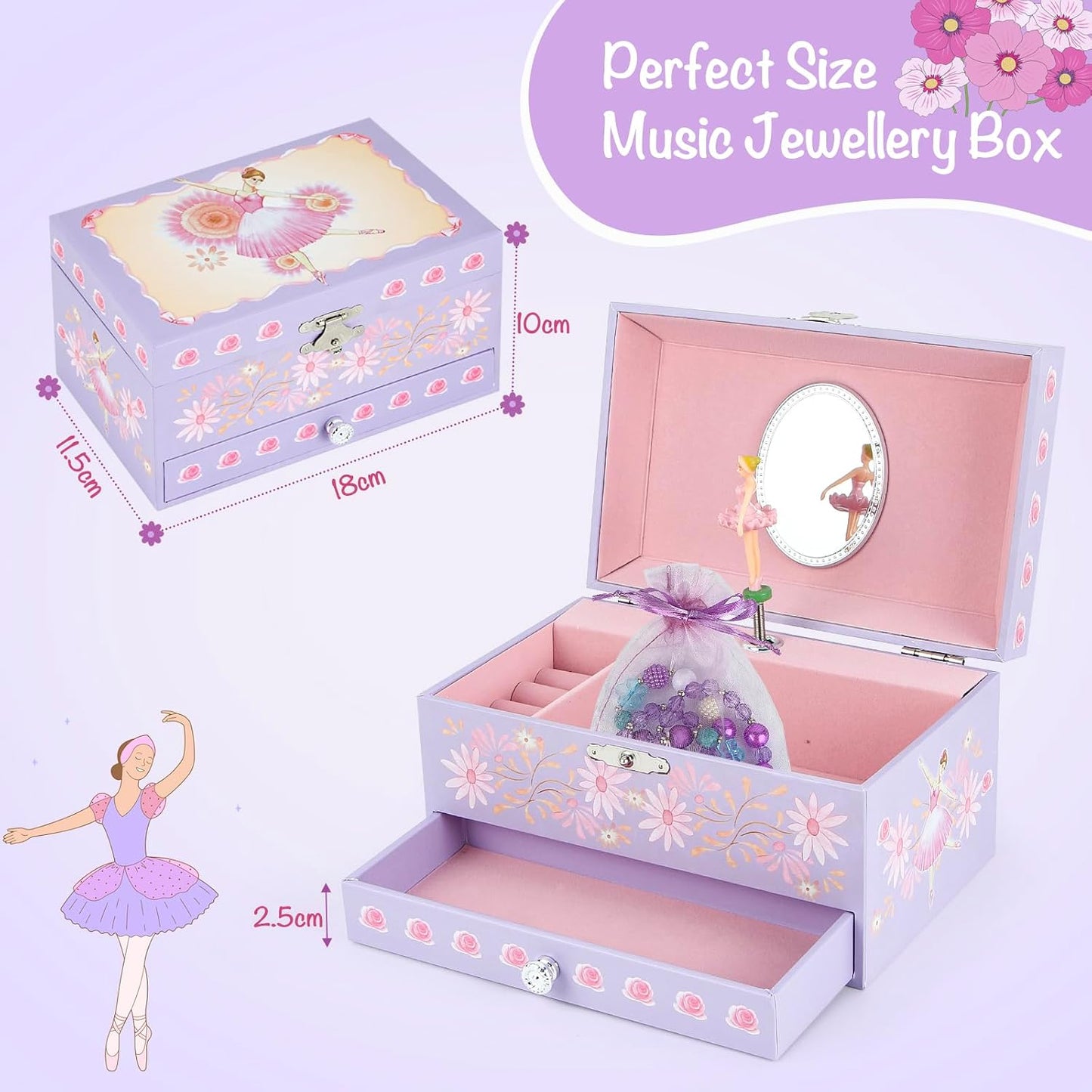 Caja joyería musical con cajón para collares y pulseras rosa