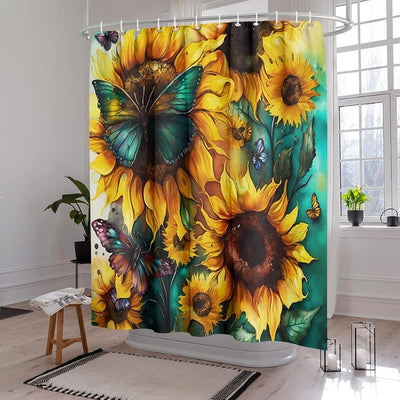 Cortina ducha girasol amarillo ganchos verano