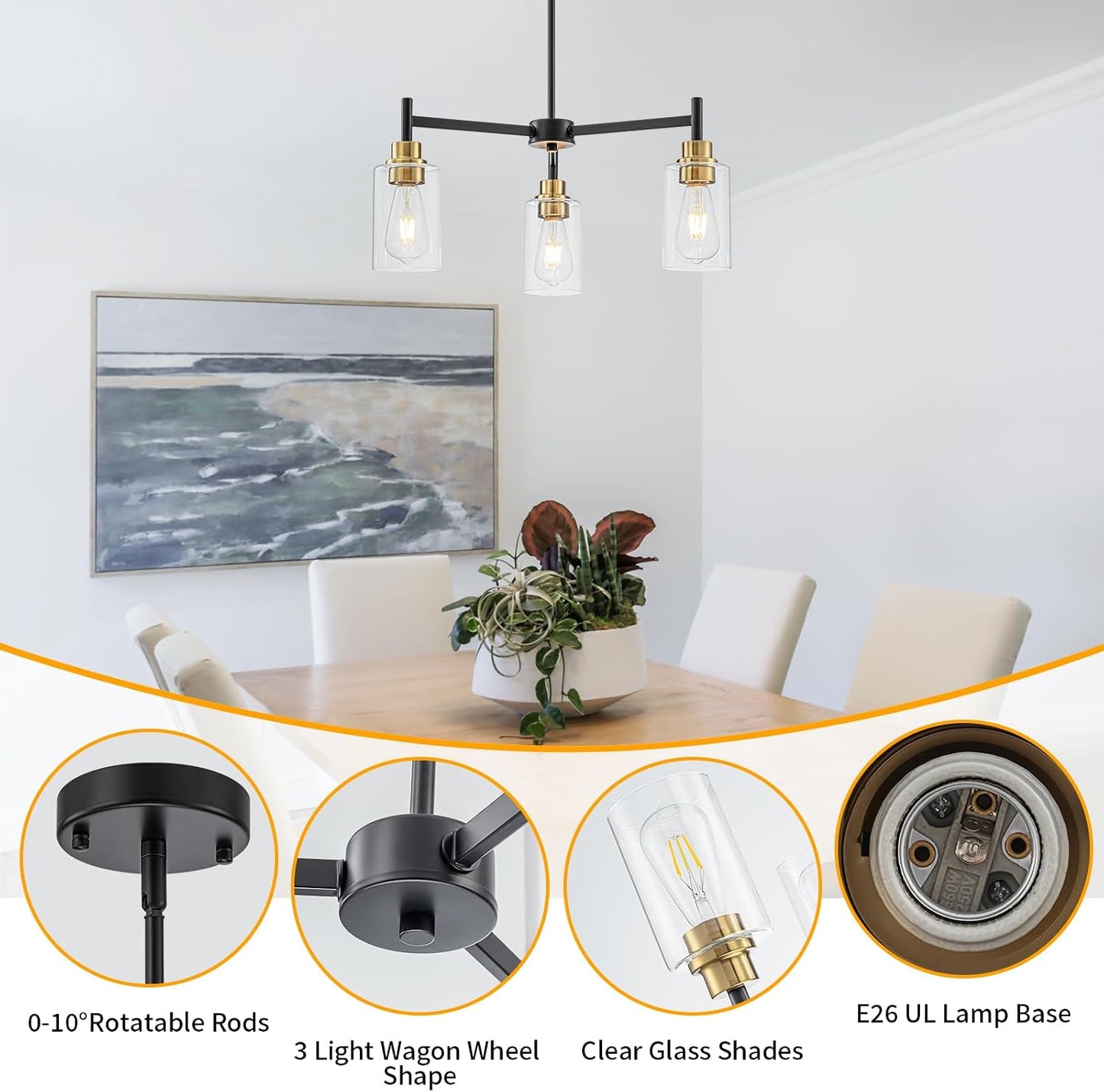 Candelabro negro 3 luces vidrio comedor pasillo estilo