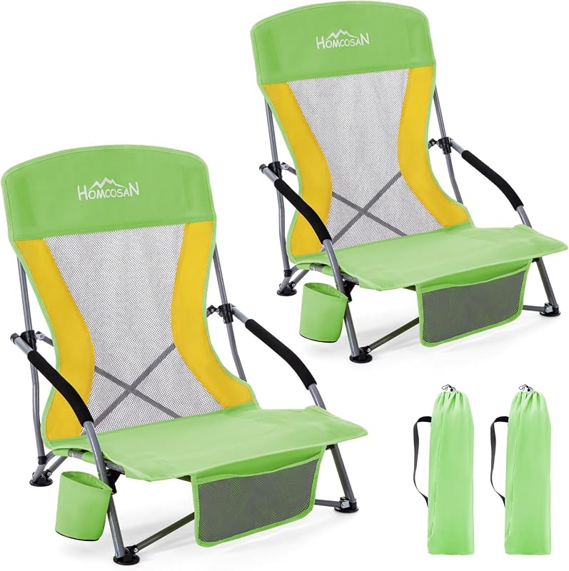 2 Sillas playa plegables con portavasos verde amarillo