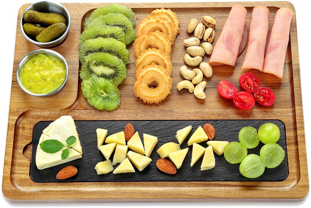 Tabla madera pizarra con 2 cuencos para charcutería y queso
