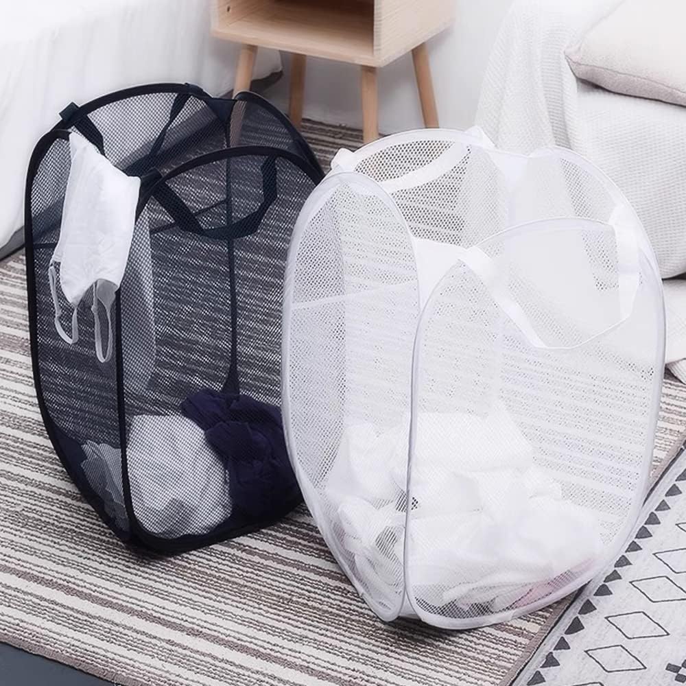 Cesta ropa sucia malla plegable con bolsillo negroblanco