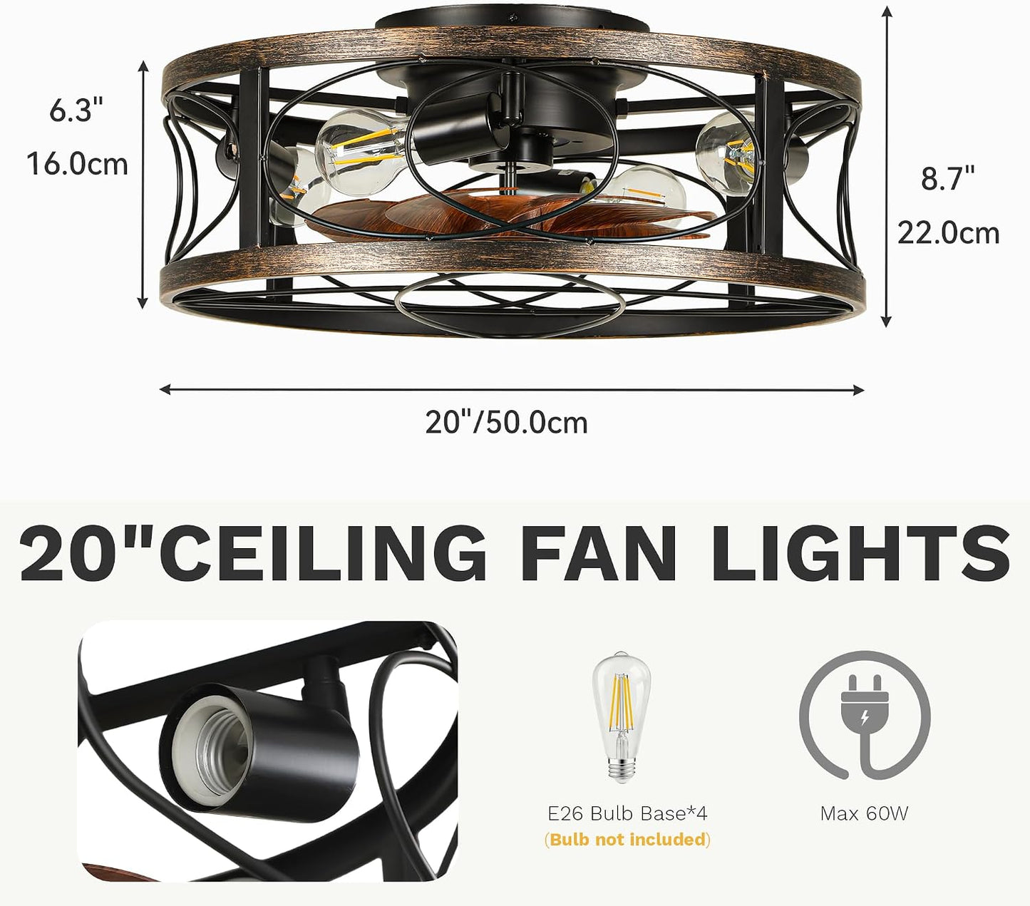 Ventilador techo enjaulado 20pulg luces 6 velocidades