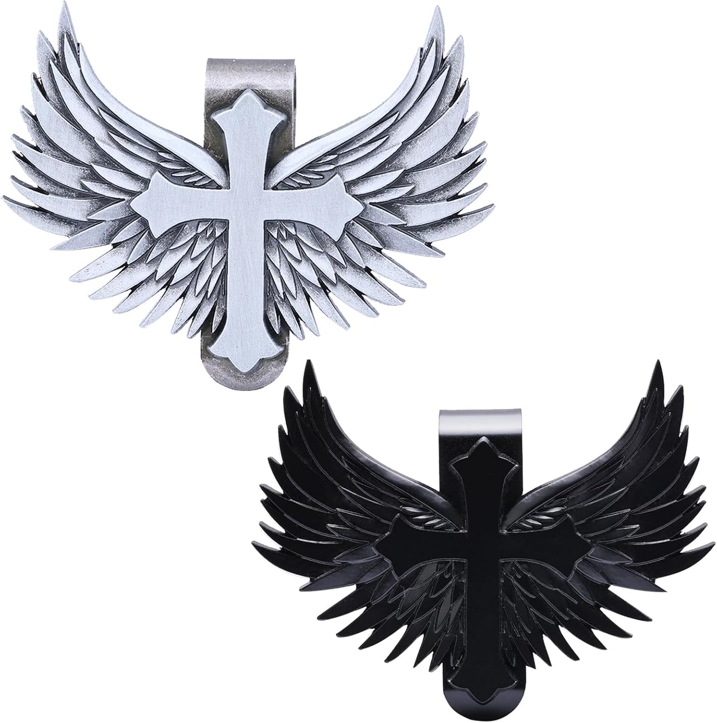 Clip visera ángel guardia auto acero inox cruz negro