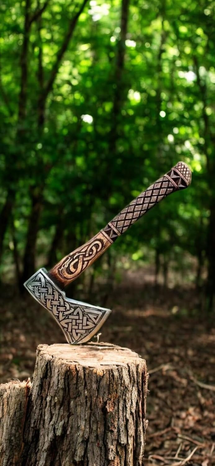 Hacha Vikingo Forjada Acero Carbono Eje Madera Rosa