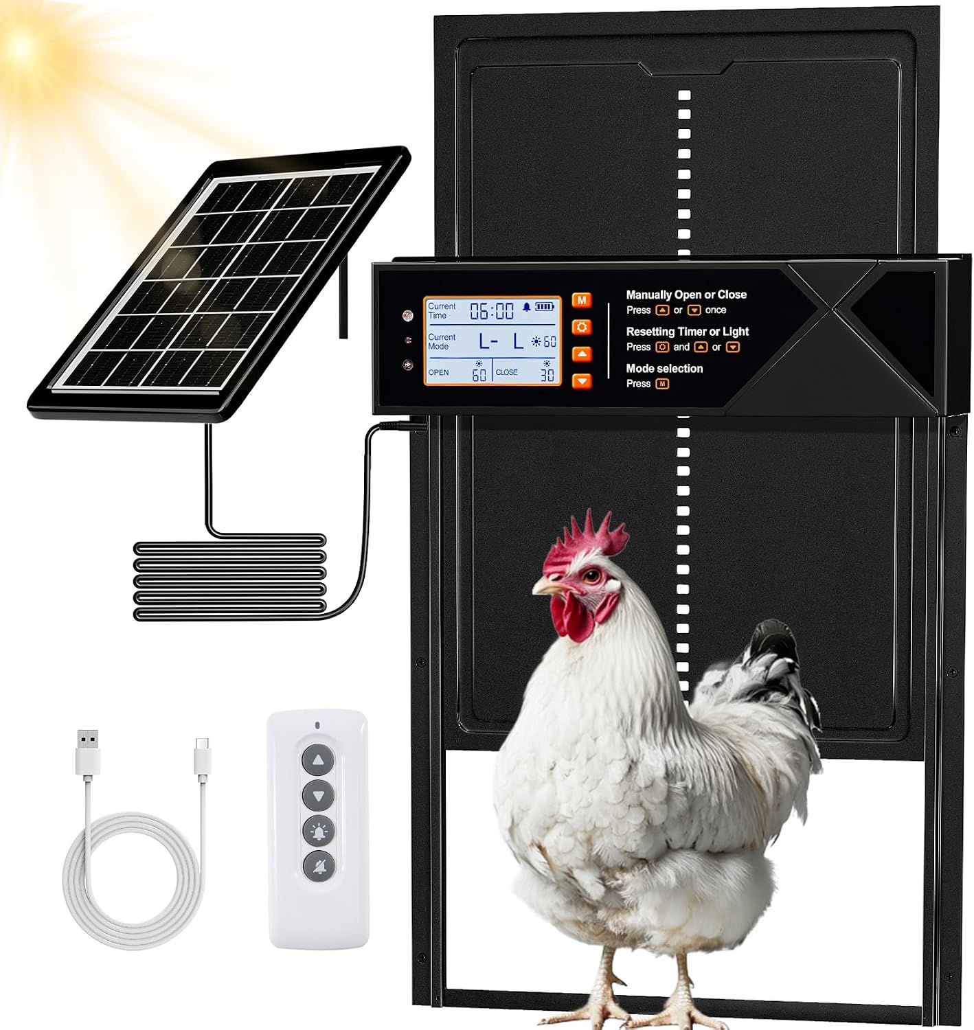 Puerta gallinero solar con control remoto aluminio LED