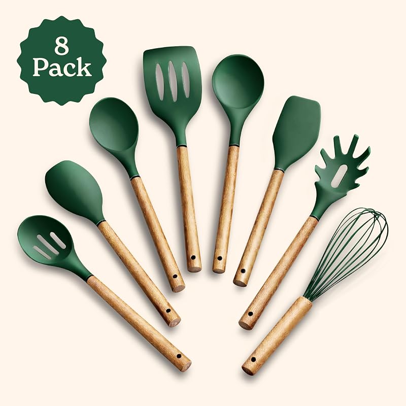 Set 8 Pzas Utensilios Silicón Antiadherente Madera Verde