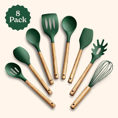 Set 8 Pzas Utensilios Silicón Antiadherente Madera Verde
