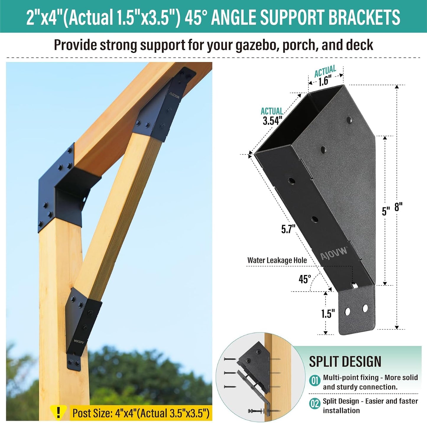 4 Soportes 45° para poste 2x4 pulg cubierta garaje