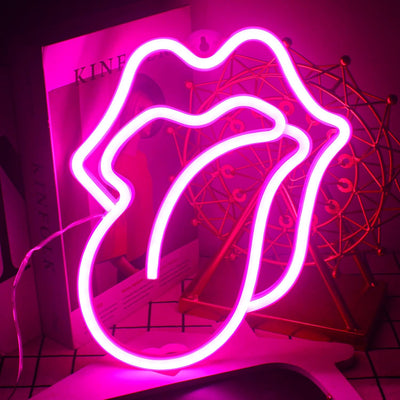 Letrero neón labios rosados con lengua para decoración