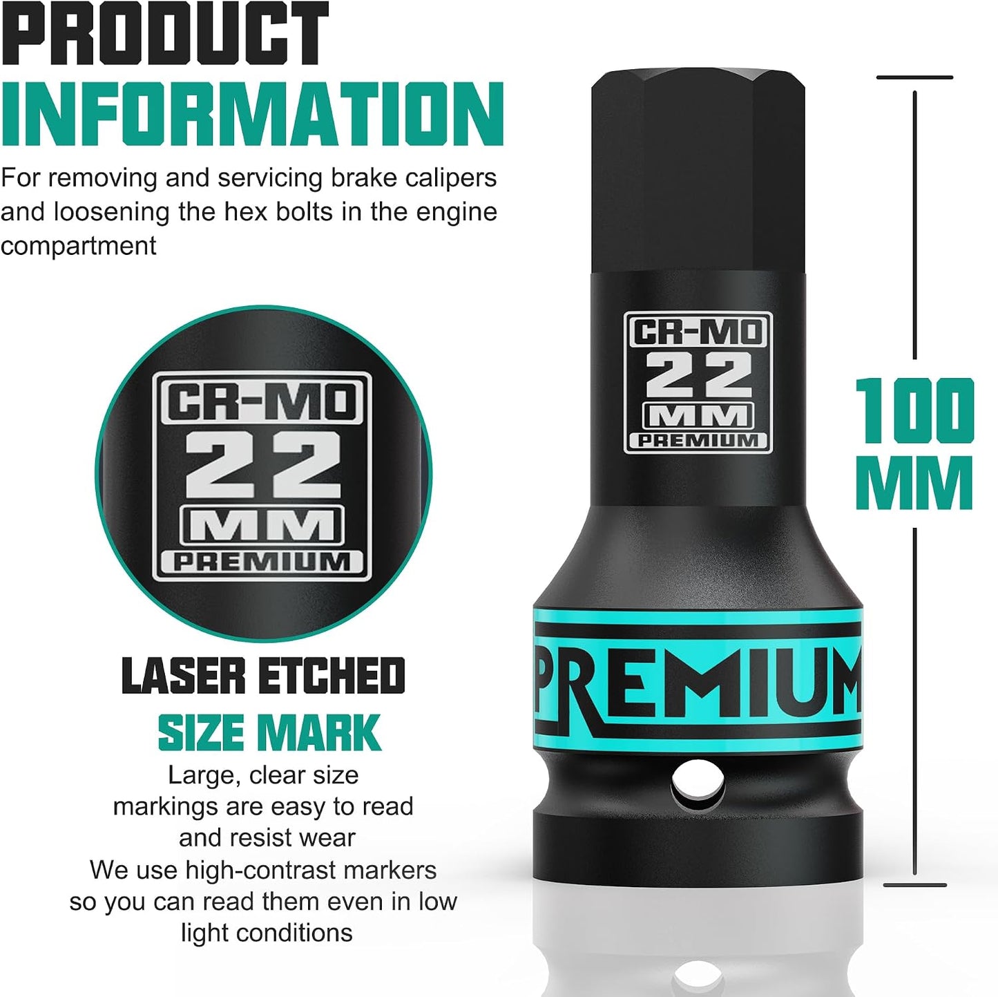 Socket hex métrico 22mm acero cr-mo para automóviles