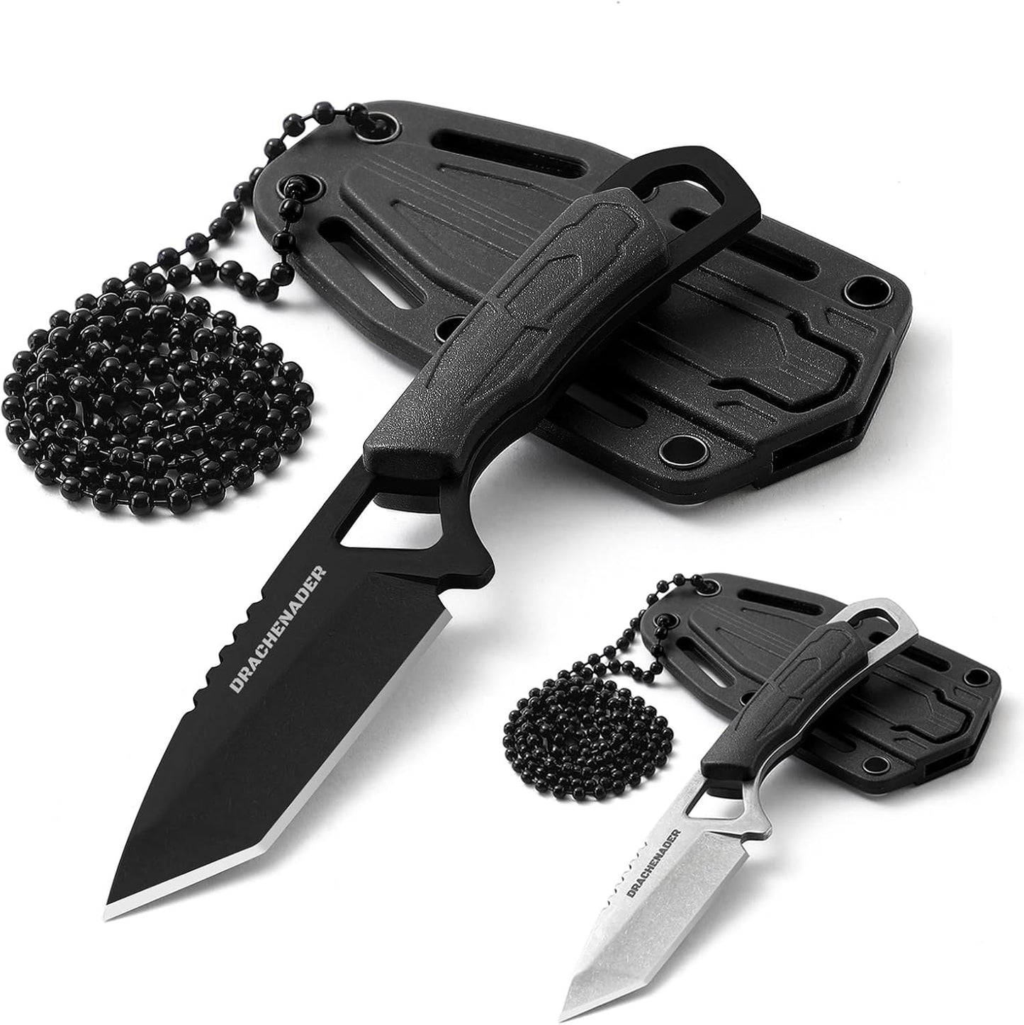 Set cuchillos cuello hoja fija negros con fundas plástico