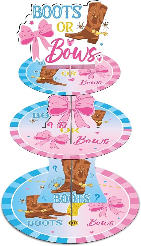 Decoraciones revelación botas lazos 3 niveles baby shower