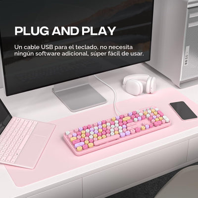 Teclado USB oficina 104 teclas con numérico soporte plegable rosa
