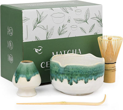 Juego té matcha cerámica artesanal con boquilla y soporte 4 pzas