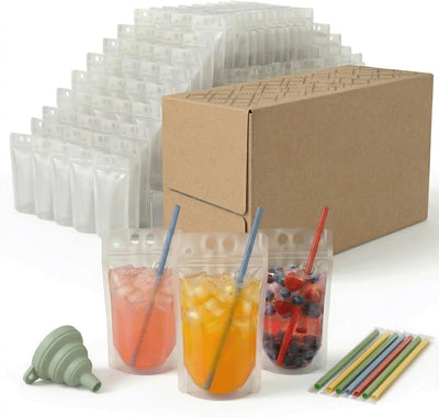 400 Bolsas Bebida 17oz con Popote y Embudo para Eventos