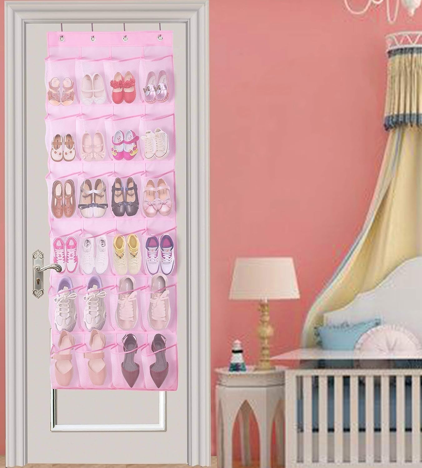 Organiz. zapatos puerta 24 bolsillos malla rosa