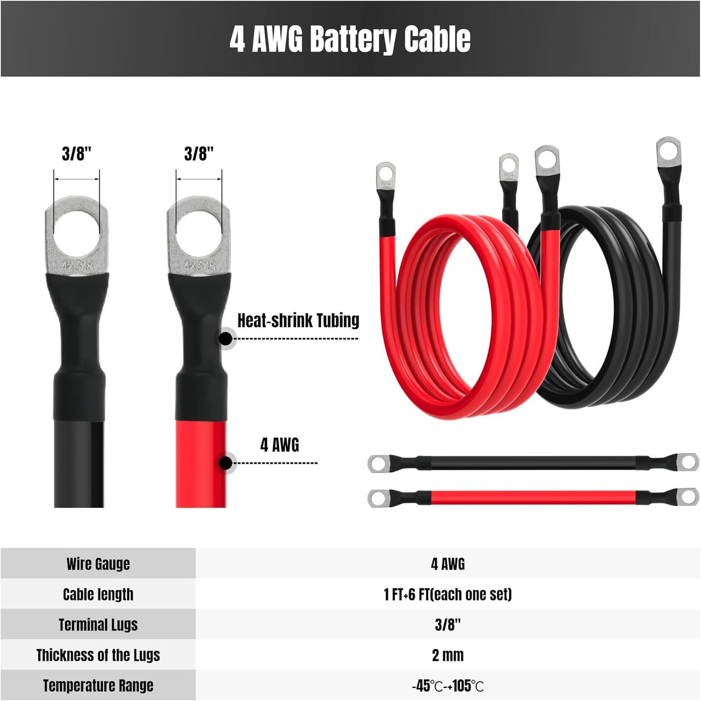 Cable batería 4 AWG 3/8" para solar caravanas 1-6 pies