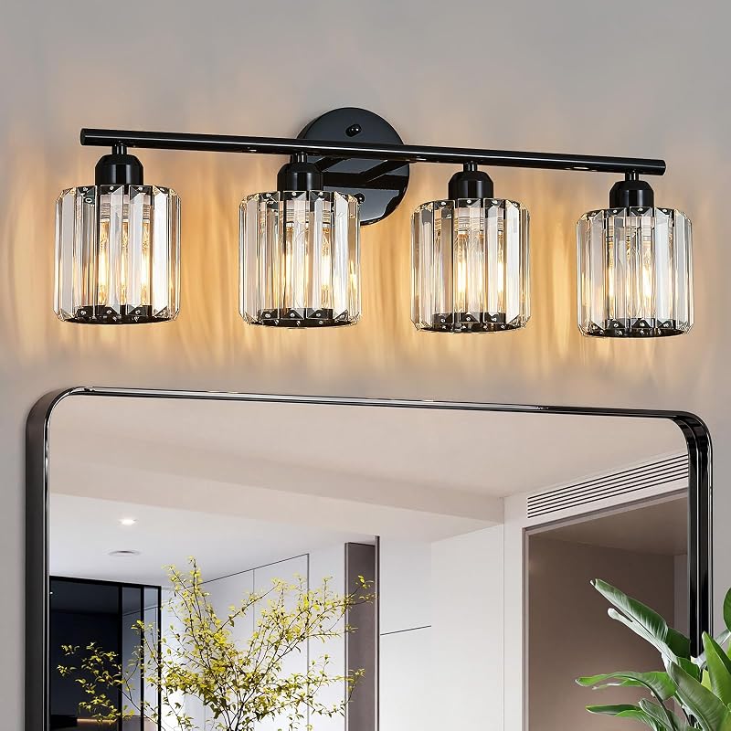 Lámpara tocador cristal 4 luces enchapado negro para baño