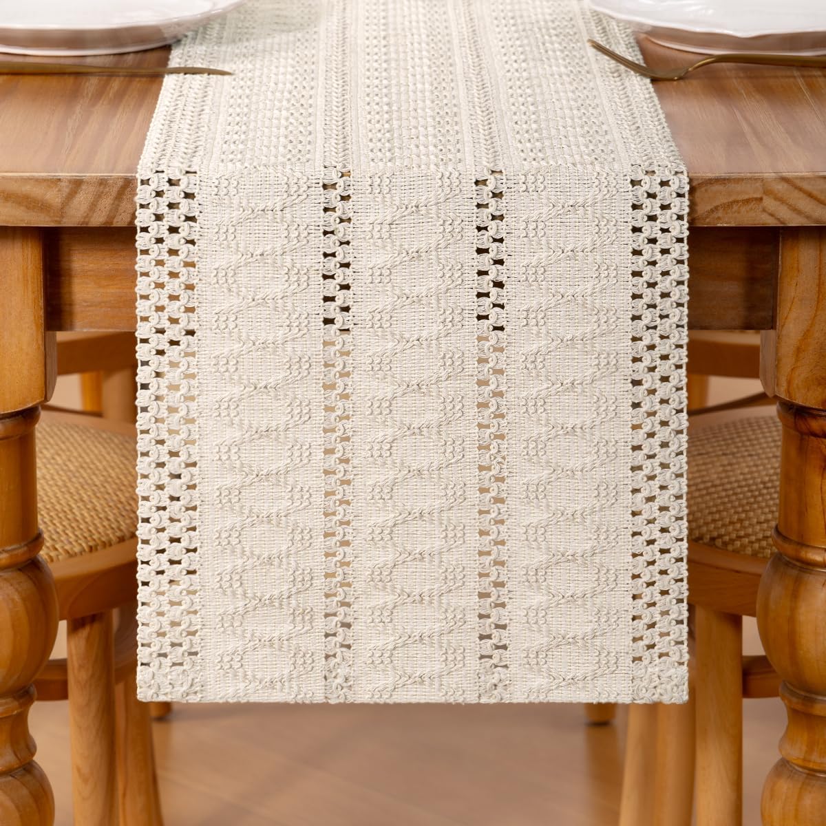 Mantel tejido boho para mesa 36 pulg color ivory algodón lino