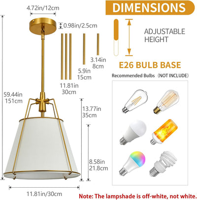 Lámpara colgante tela lino blanco 12pulg candelabro dorado