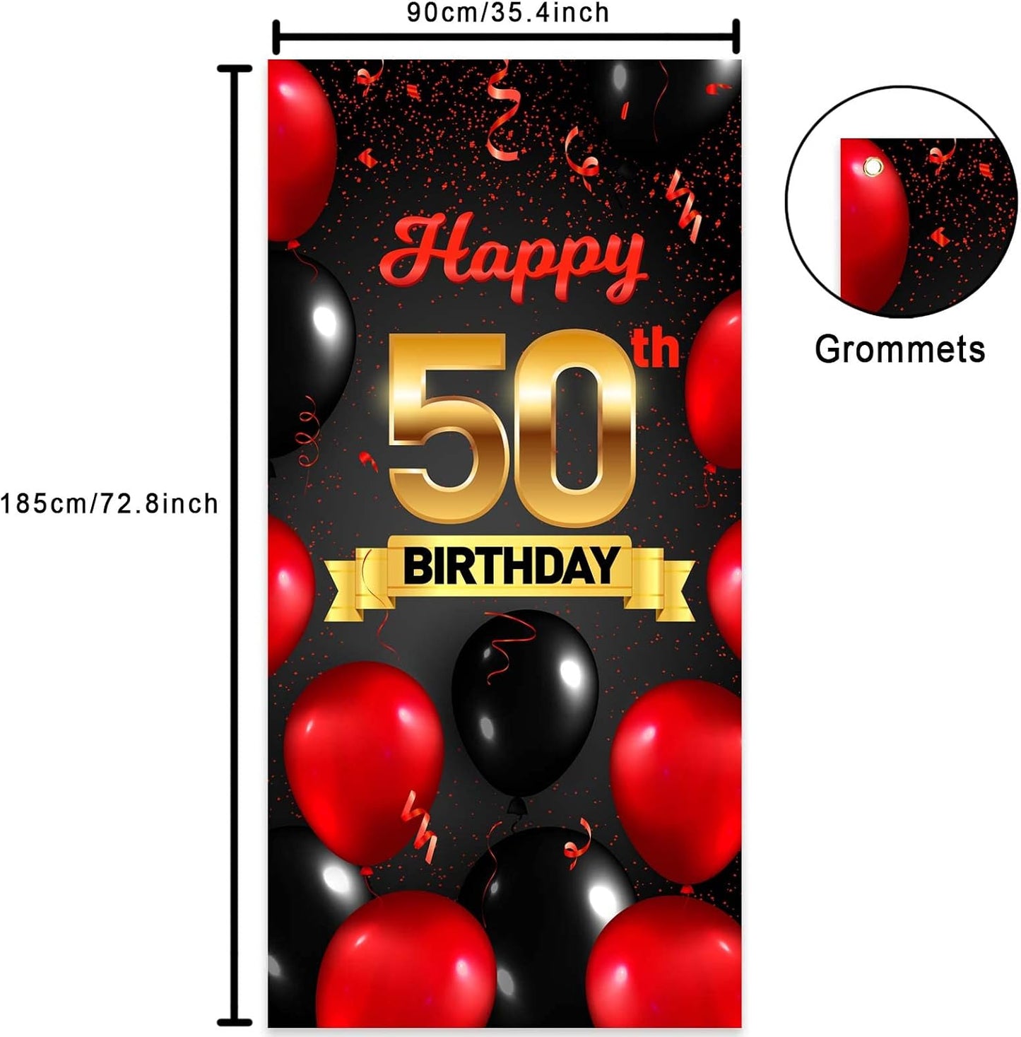 Cartel feliz 50 cumpleaños rojo y negro decoración cabina fotos