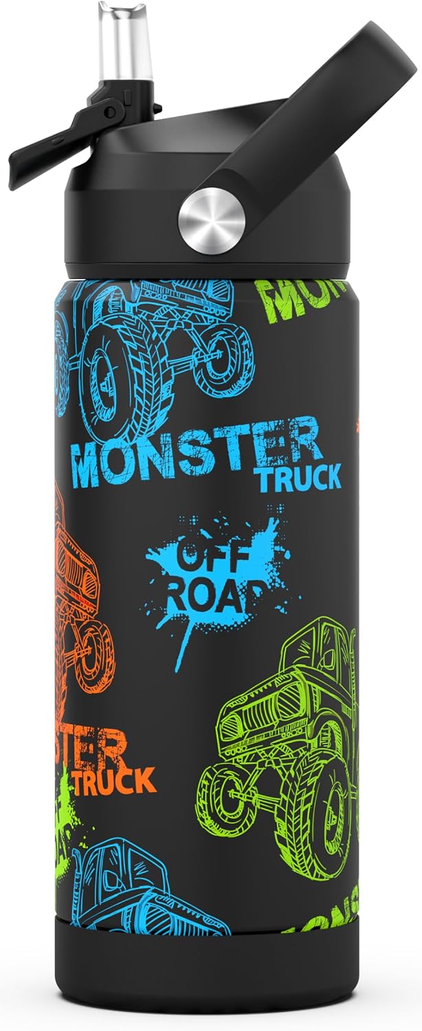 Botella agua niños pajita Monster Trucks 18oz acero inox